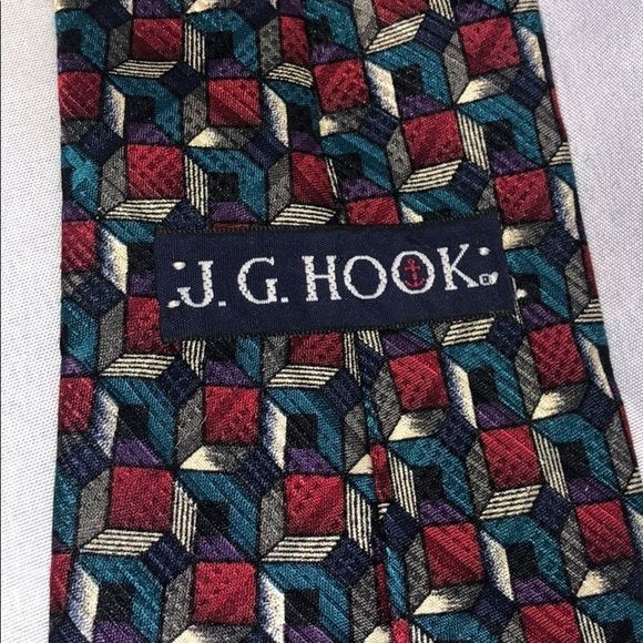 J G Hook neck tie cube pattern maroon navy blue square geometric design - Picture 3 of 6